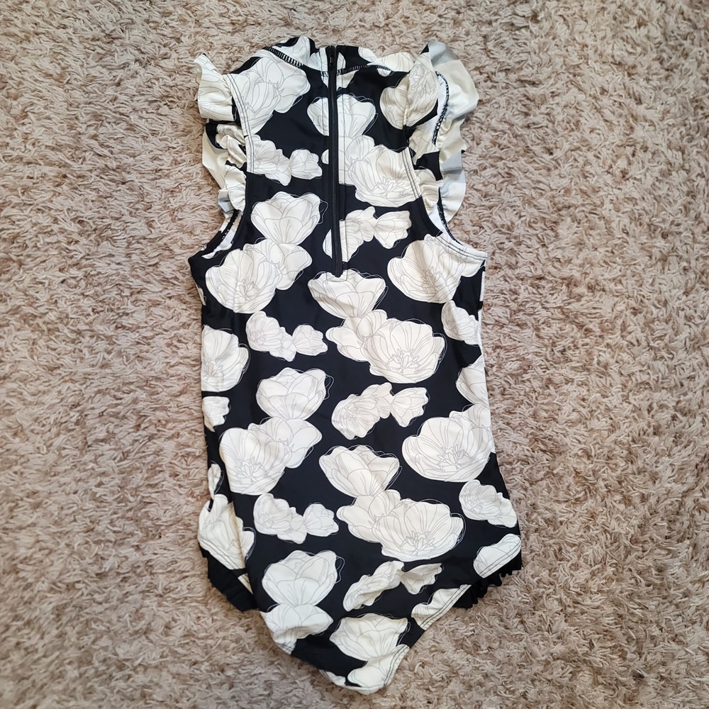 RuffleButts Swimsuit Girls 12 Black White Floral Ruffle One Piece Rash Guard - Picture 6 of 7